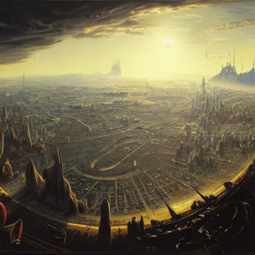 Image similar to A vast planetary sci fi city by Ansel Adams and Bernardo Bellotto, oil on canvas, artstation, dramatic scenery, masterpiece, aesthetic