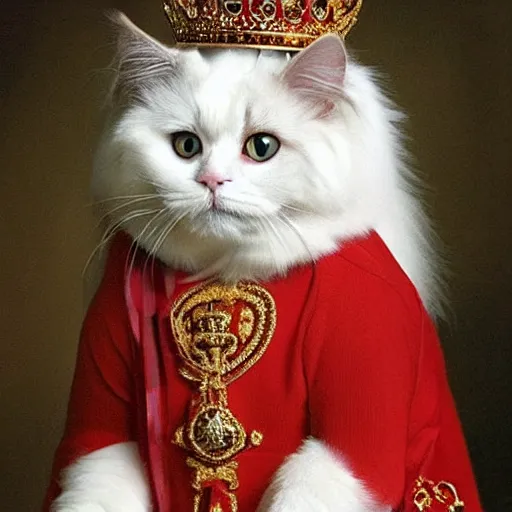 Image similar to a royal portrait of a ragdoll cat dressed up as the Queen of England