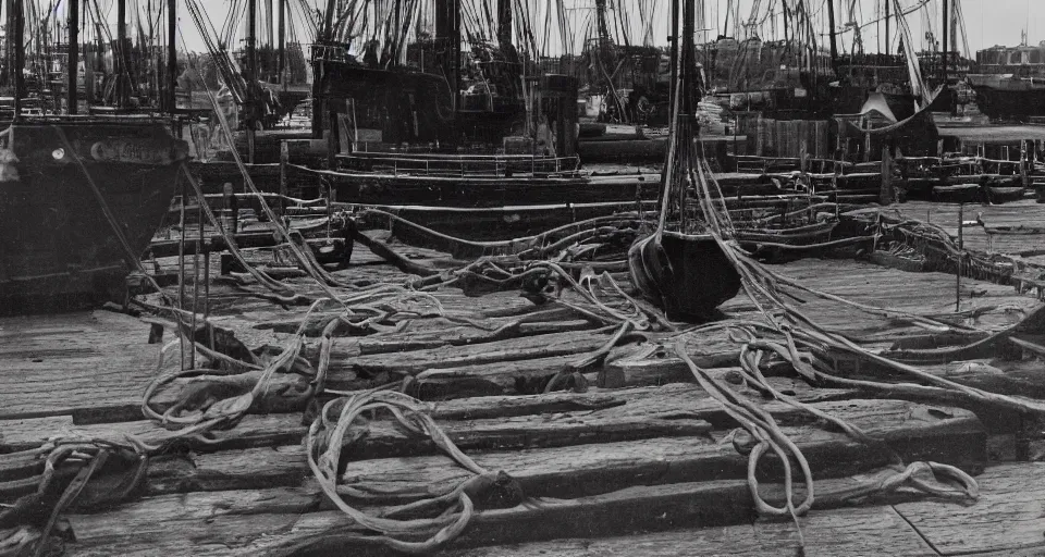 Image similar to a 1 7 th century ship building yard reflecting on the harbour, ropes and pulleys