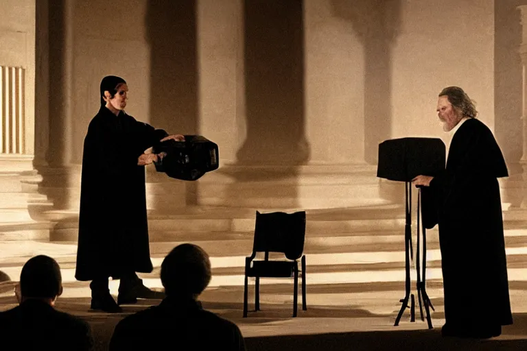 Image similar to a man in black robes interrupts a a dark convention stage podium, under the spotlight by joaquin sorolla, roger deakins, cinematography