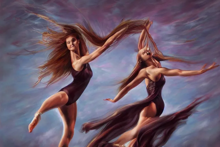 Image similar to a dancer with swirling hair is in the wind by julie bell, trending on artstation