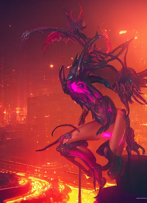 Image similar to neon succubus, intricate detail, volumetric lighting, epic composition, hyper detailed, ultra realistic, sharp focus, octane render, volumetric, ray tracing, artstation trending, cgsociety, sense of awe, swirling mist, unreal engine, cinematic 4 k