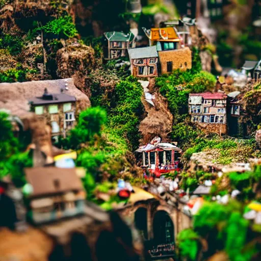 Image similar to macro photo of a miniature secret hidden world with tiny buildings and people invaded by giant ants