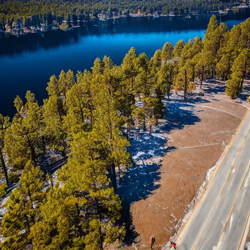 Image similar to Tilt Shift Photography, Big Bear Lake California, Ariel drone shot, 8k