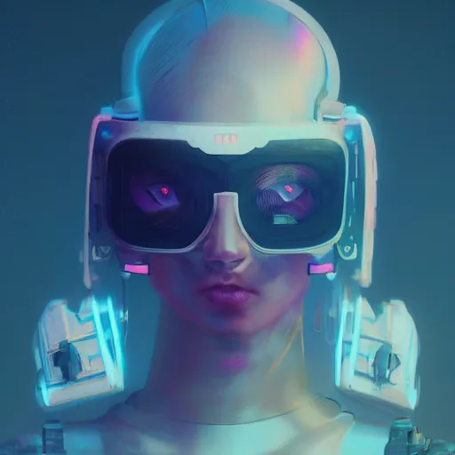 Image similar to cyberpunk concept cool warrior girl bot, cinema 4 d, galaxy, ufo, space sci - fi, wearing vr goggles, illustration, portrait, pastel neon textured background night, trending on artstation, greg rutkowski, octane rendered, 1 2 k, detailed,