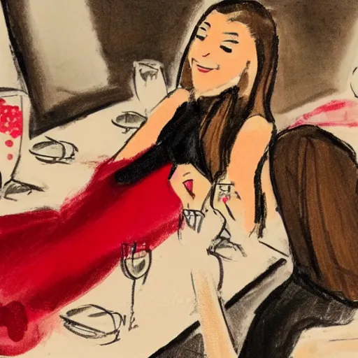 Image similar to sketch of a girl in a red dress on a date night sitting on the table from front with a wine sushi on the table