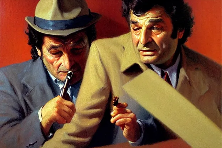 Image similar to police detective columbo ( played by young peter falk ) in his messy trenchcoat, smoking a cigar while rubbing his head. 1 9 8 0 s oil painting in the style of edward hopper and ilya repin gaston bussiere, craig mullins. warm colors. detailed and hyperrealistic.