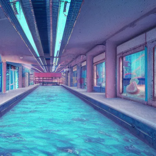 Prompt: abandoned shopping mall underwater, pastel colors in the style of wes anderson, insanely mystical, hyper realistic, extremely detailed, concept art, trending on artstatoon, atmospheric, 8k, octane render, unreal engine