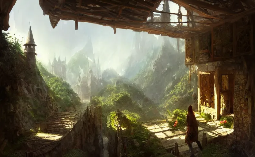 Image similar to painting of a series of opposing living quarters overlooking communal area carved into a mountain, lush garden with hot spring between, cozy bed, well maintained, clean, medieval, fantasy genre, natural light, fantasy, natural light, concept art, by greg rutkowski and craig mullins, cozy atmospheric and cinematic lighting, trending on artstation