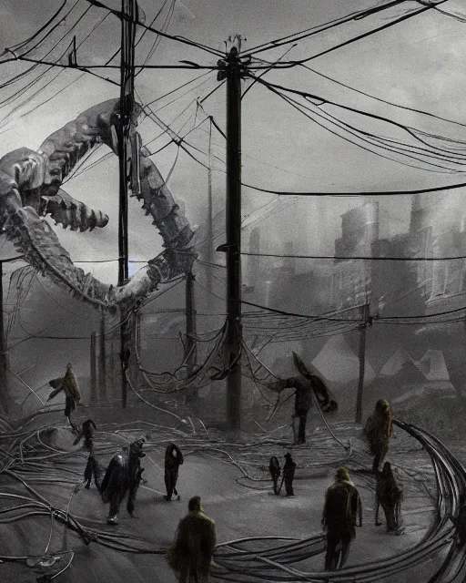 Image similar to a dramatic shot people looking at a giant fat biomechanical cocoon made of bones and cables with cyber muscles and pale skin hanging from the powerlines in a suburb during a foggy day with a flock of birds in the sky, trending on artstation