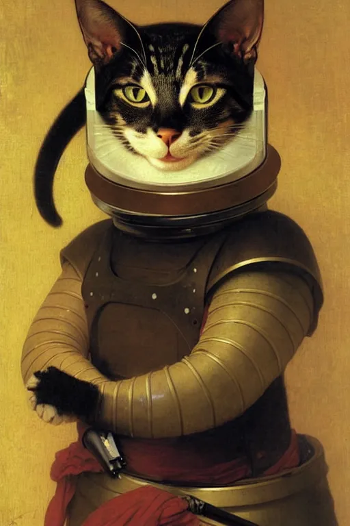 Prompt: portrait of a cat astronaut with japanese armor and helmet, majestic, solemn, by bouguereau