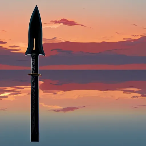 Image similar to a floating sword in front of a sunrise, extremely realistic and beautiful