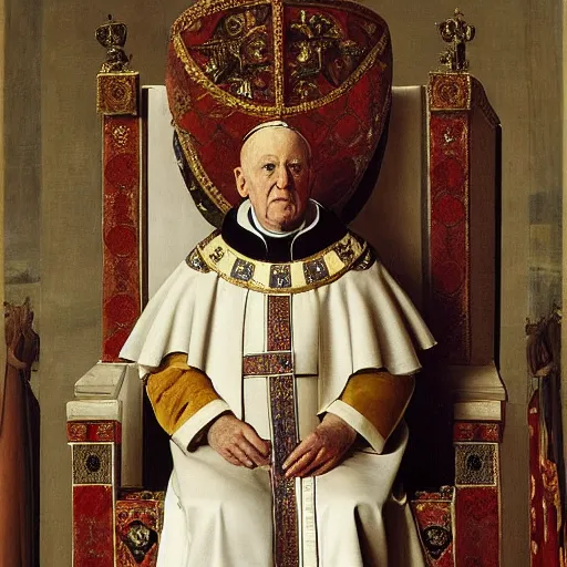 Prompt: portrait of the pope sitting in throne, highly detailed, by velazquez + van eyck