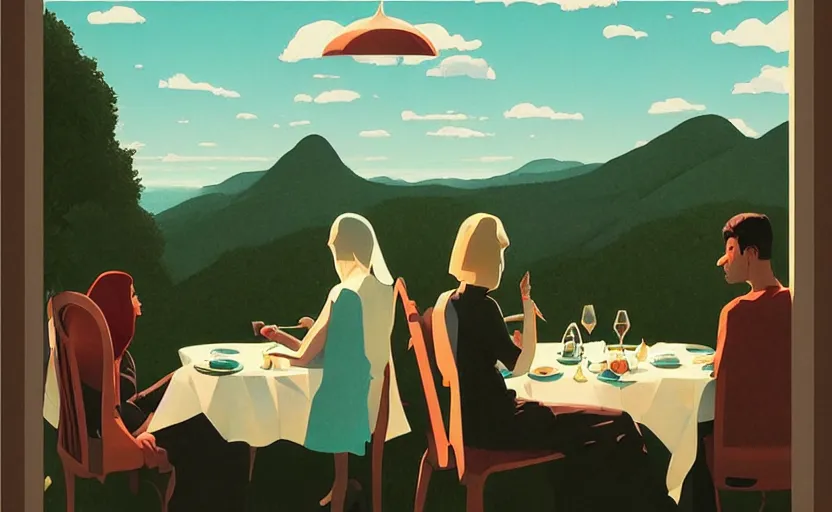 Image similar to eating in heaven, surreal illustration, by atey ghailan and escher and edward hopper,