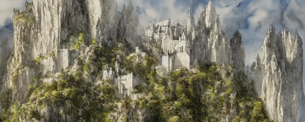 Prompt: white monastery upon sheer lime cliffs, a ray of sun illuminating, watercolour, high fantasy, extremely detailed