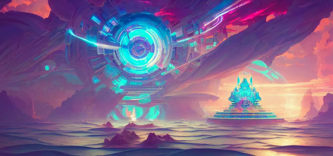 Image similar to a floating temple, channeling swirling energy, wearing netrunner clothing, vaporwave aesthetic, colorful, psychedelic, digital painting, artstation, concept art, smooth, sharp focus, illustration, art by artgerm and greg rutkowski and alphonse mucha