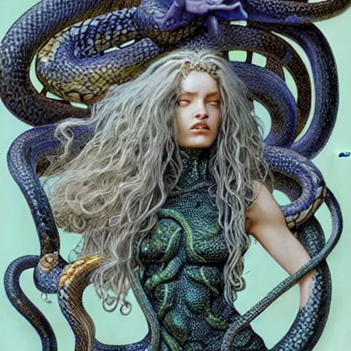 Prompt: head and shoulders vogue 7 0 mm fashion photo of medusa with different species of snakes for her hair, d & d, fantasy, luis royo, magali villeneuve, donato giancola, wlop, krenz cushart