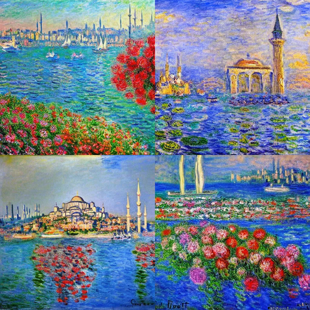 Prompt: a flowered Istanbul Bosporus view with style of Claude Monet impressionism