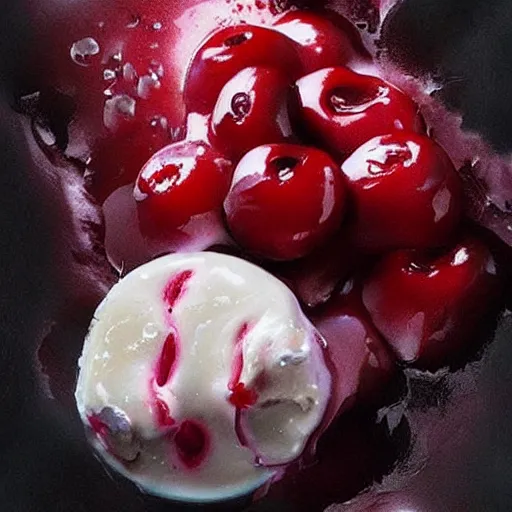 Image similar to beautiful susu cherry crush ice cream melt with a cherry on top, painted by greg rutkowski