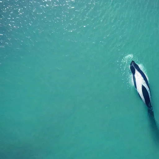 Prompt: an aerial drone shot of a giant whale swimming below a boat in the middle of the ocean