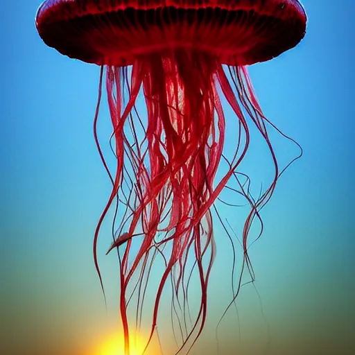 Prompt: jellyfish grow in the ground, elegant, vigorous, sunset, ocean land, moon, by henry mattise