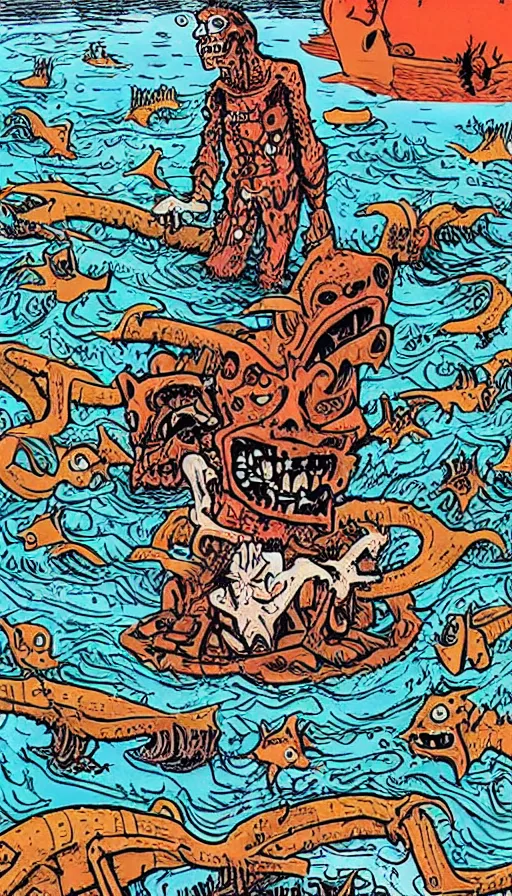 Image similar to man on boat crossing a body of water in hell with creatures in the water, sea of souls, by jhonen vasquez