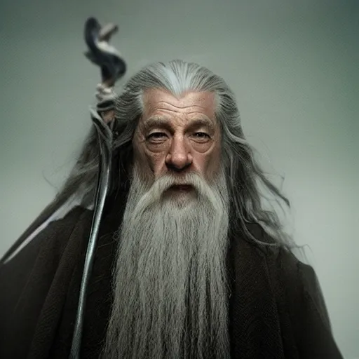 Image similar to a still from “ lord of the rings ” of a head and shoulders portrait of fei lung dressed like gandalf, photo by phil noto