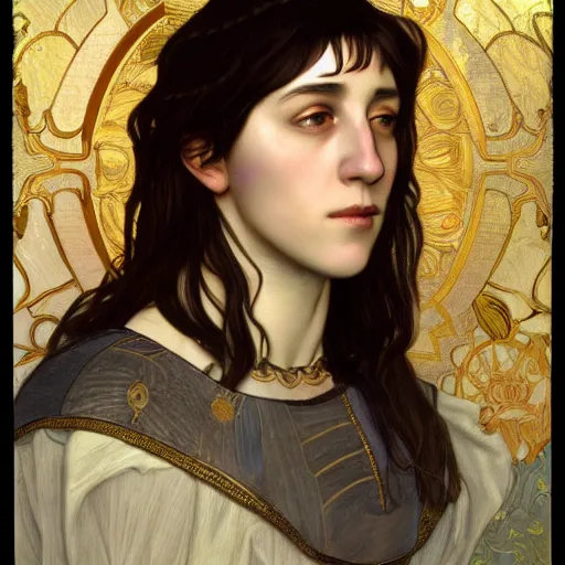 Image similar to portrait of charlotte gainsbourg as joan of arc, hyperreal digital painting, iconography influenced by alphonse mucha and eugene delacroix, arstation and deviantart trends, high resolution 8 k