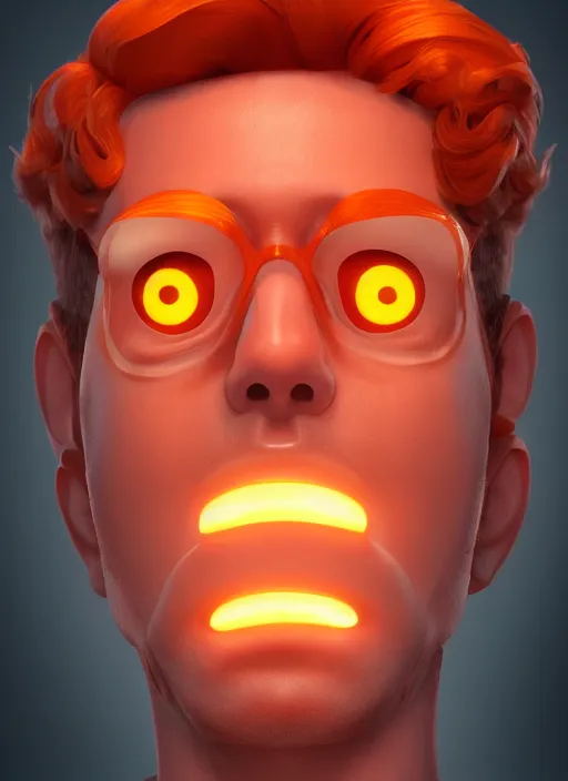 Image similar to glowwave portrait of curly orange hair man as a agent, au naturel, hyper detailed, digital art, trending in artstation, cinematic lighting, studio quality, smooth render, unreal engine 5 rendered, octane rendered, art style by pixar warner bros dreamworks disney riot games and overwatch