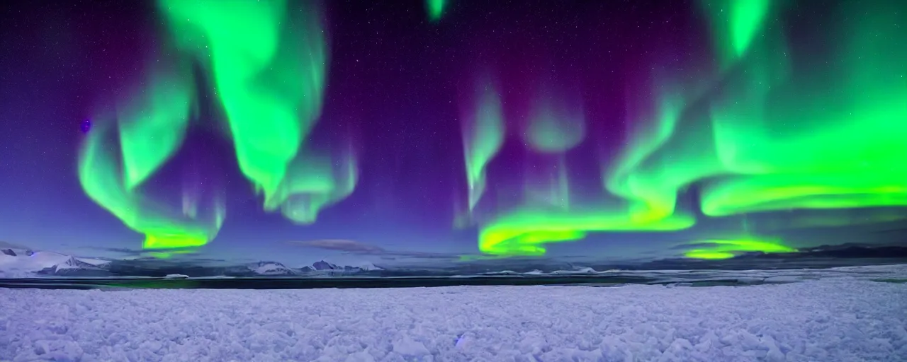 Prompt: Surreal image of beautiful Aurora Borealis in sky over frozen sea coast at night