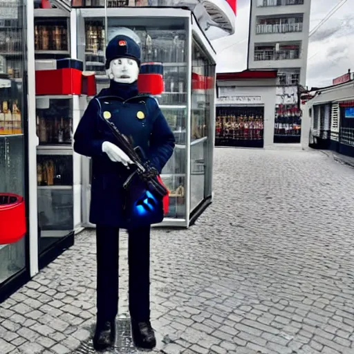 Prompt: photo of the first russian robot policeman guarding a vodka store, babushkas visible in the background