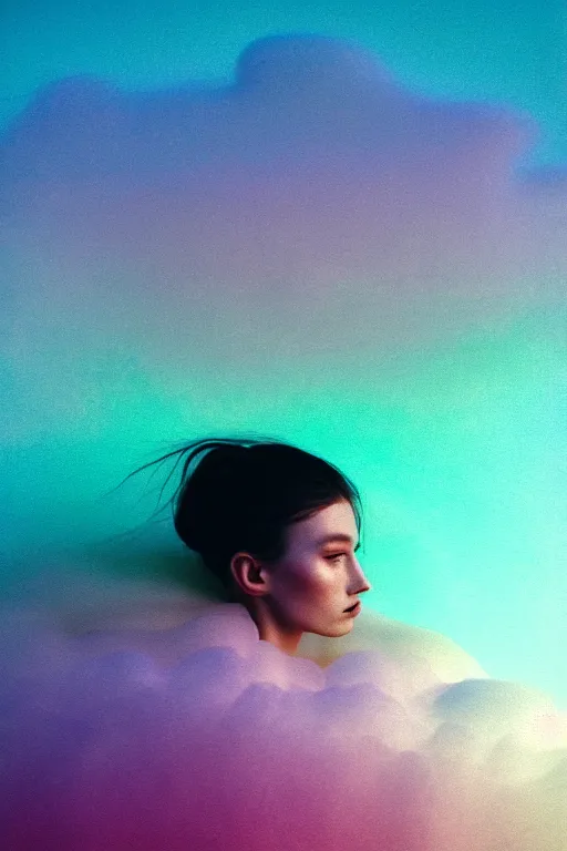 Image similar to high quality pastel coloured film close up wide angle photograph of a model wearing clothing swimming on cloud furniture in a icelandic black rock!! environment in a partially haze filled dreamstate world. three point light, rainbow. photographic production. art directed. pastel colours. volumetric clouds. pastel gradient overlay. waves glitch artefacts. extreme facial clarity. 8 k. filmic.