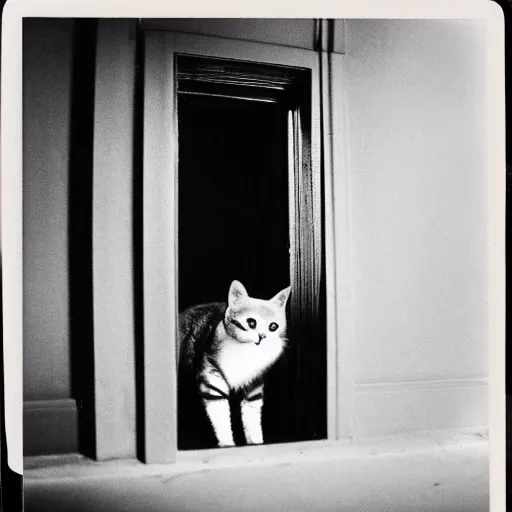 Image similar to wide-shot very low-angle eyesight photo of a mirror door with a reflection of a cat at the street in New York, polaroid photo, by Andy Warhol, signed