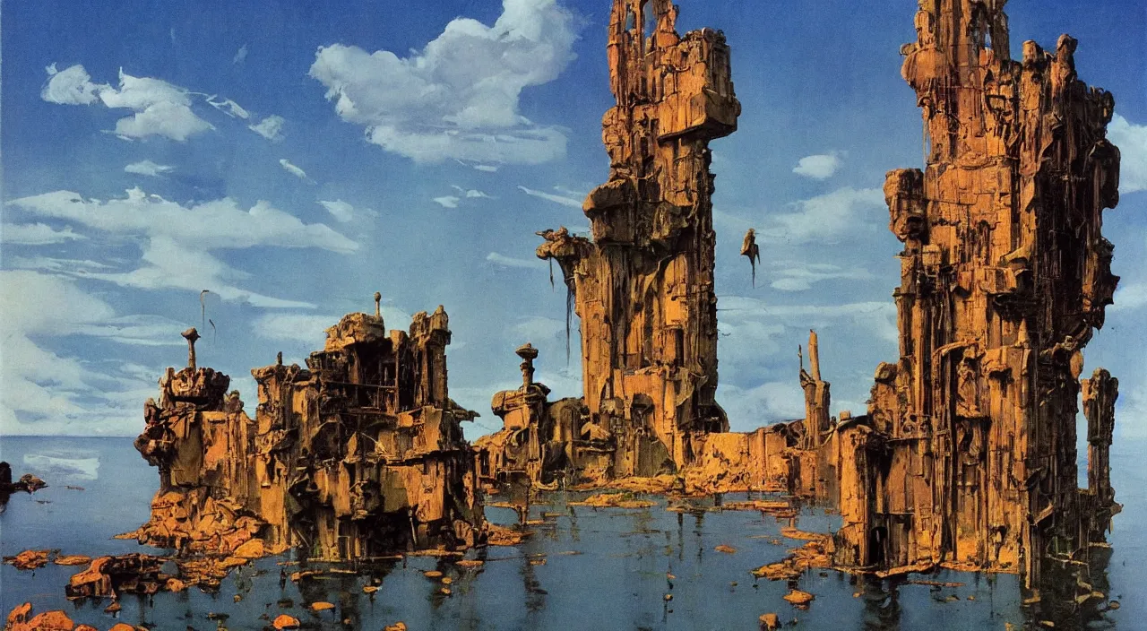 Prompt: flooded ancient tower, very coherent high contrast!! painting by francis bacon syd mead norman rockwell beksinski edward hopper james gilleard, dark shadows, sunny day, triadic color scheme, hard lighting, masterpiece