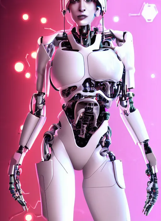 Image similar to photorealistic detailed full body picture of a female cyborg, pretty face with arms and legs, glamour pose, neon lights, white suit, humanoid, extreme, uhdr, book called the most influental cyborg in 2 0 5 0, fine details, highly detailed, intricate, smooth sharp focus