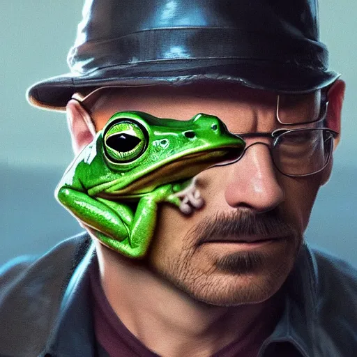 Image similar to a frog sitting on walter white's head, intricate, highly detailed, digital painting, artstation, concept art, smooth, sharp focus, illustration, unreal engine 5, 8 k, art by artgerm and greg rutkowski and alphonse mucha