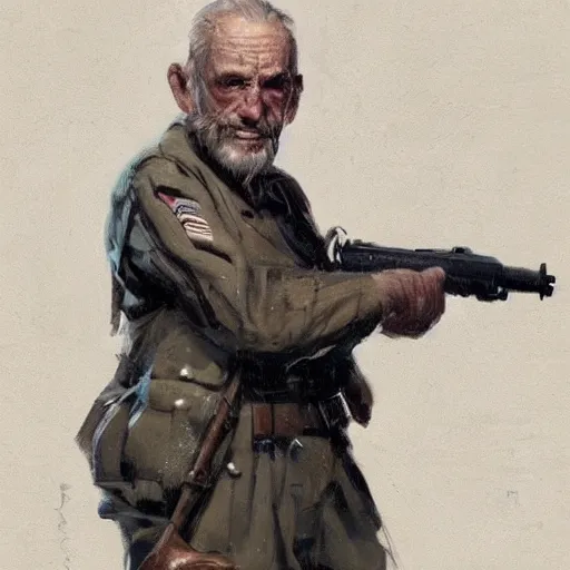 Image similar to old man portrait, ww 2 hand grenade in his left, he pulling pin, greg rutkowski art