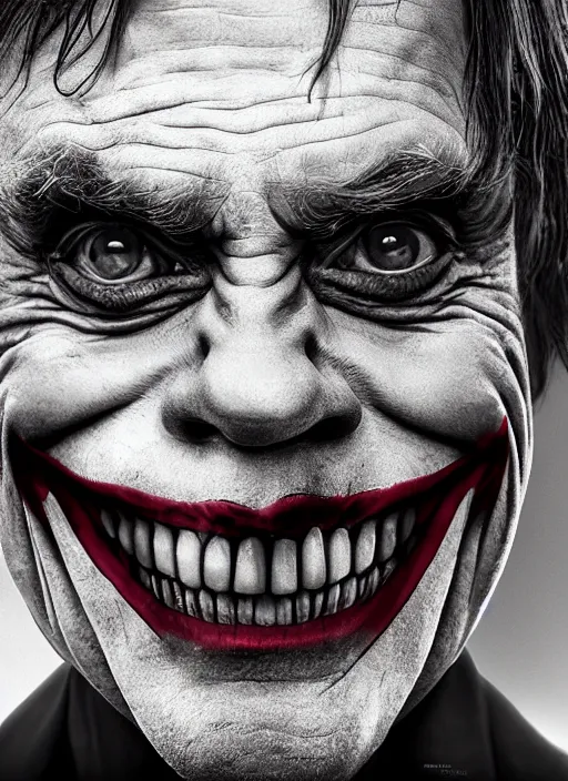Image similar to photo of Mark Hamill as the Joker by Lee Jeffries and Eolo Perfido, grotesque smile, detailed, award winning, Sony a7R