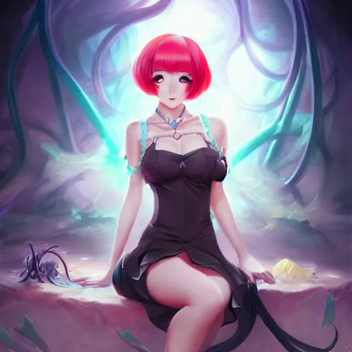 Prompt: cthulhu humanisation as a cute anime girl pinup, by rossdraws, wlop, boris vallejo, gil elvgren, enoch bolles, sleek curves, pixiv award winning, epic light