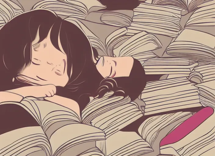 Image similar to a little girl with short wavy curly light brown hair is asleep in pile of books. clean cel shaded vector art. shutterstock. behance hd by lois van baarle, artgerm, helen huang, by makoto shinkai and ilya kuvshinov, rossdraws, illustration, art by ilya kuvshinov