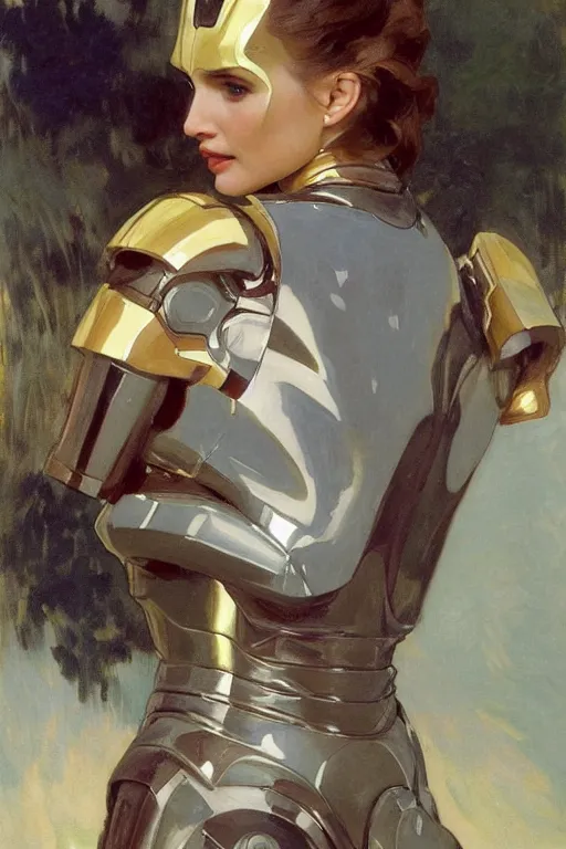 Image similar to elegant romantic portrait photo of natalie portman as iron man, shiny metal iron man armor, by greg manchess, mucha, william adolphe bouguereau, john singer sargent, sorolla, winslow homer, dean cornwell, james gurney, kilin eng, ilya repin,