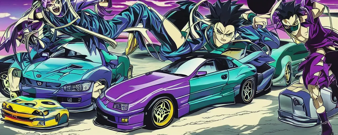 Image similar to jojo's bizarre adventure themed toyota supra, 9 0 s anime style