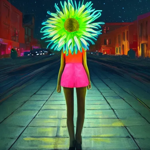 Image similar to giant daisy flower head, woman walking in a modern city with neon, surreal photography, night, dark, stars, impressionist painting, digital painting, artstation, simon stalenhag