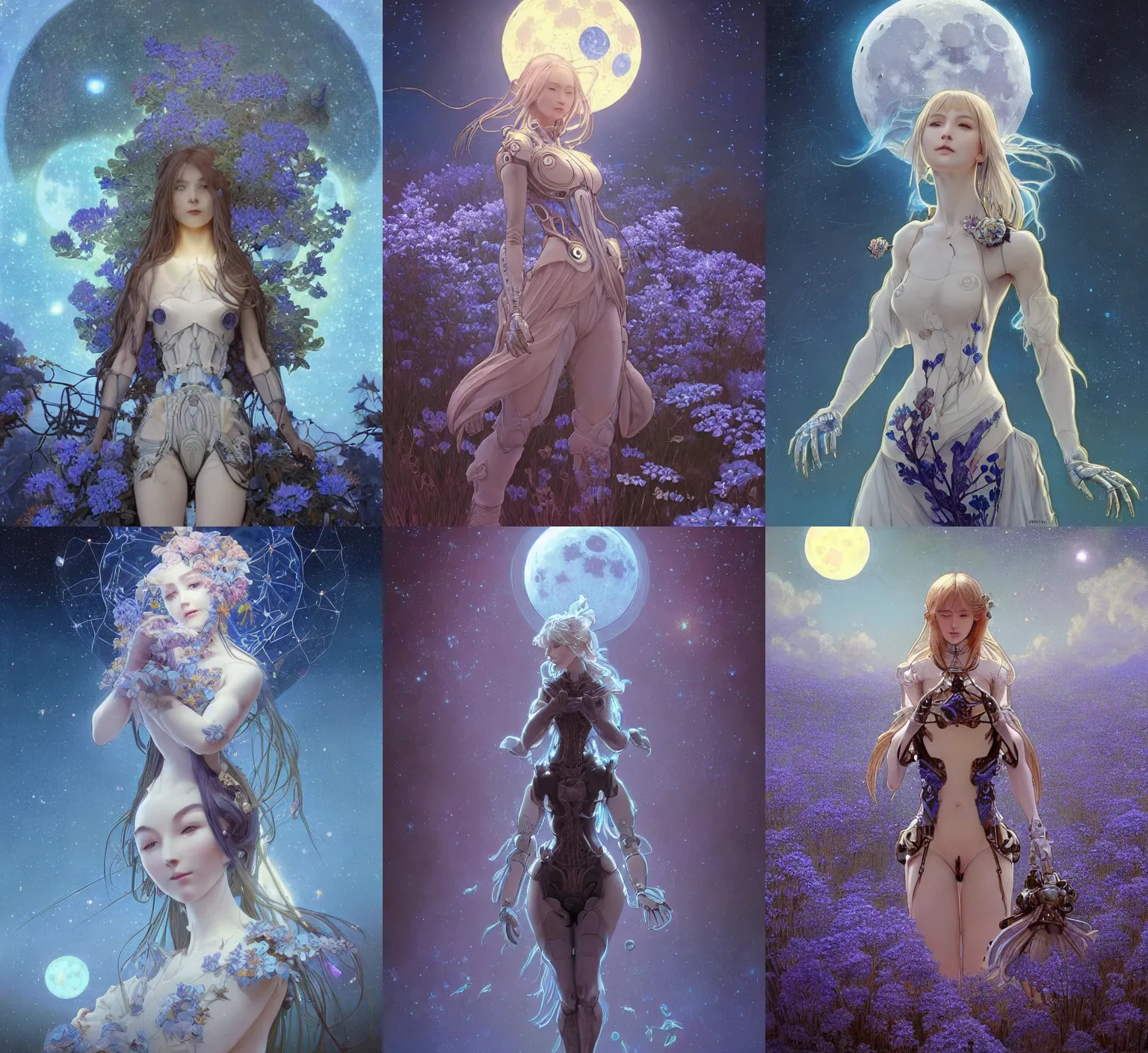 Prompt: detailed, sharp, dreaming humanoid female automata in exoskeleton surrounded by glowing blue flowers and flora, big moon and starry sky in the background by artgerm, by greg rutkowski, by alphonse mucha and by jin xiaodi, digital art, surreal, trending on artstation, anime arts, featured on Pixiv, blue lighting, HD, 8K, highly detailed, good lighting, beautiful, epic, masterpiece