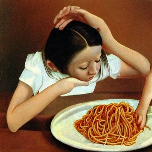 Image similar to girl eats spaghetti and crying spaghetti, style of Salvador Dali