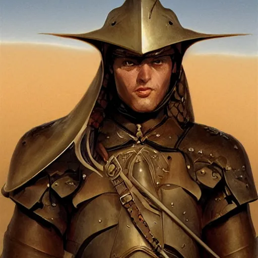Prompt: a portrait of a paladin in the desert, stern face, dungeons and dragons, digital painting by Gerald Brom, highly detailed