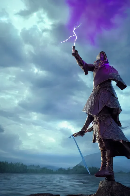 Prompt: hyper realistic wizard holding a sword that’s pointed towards the sky, getting shocked by purple lightning, levitating over a lake, octane, trending on artstation, hyper realistic, highly detailed, unreal engine, amazing depth of field, 8k