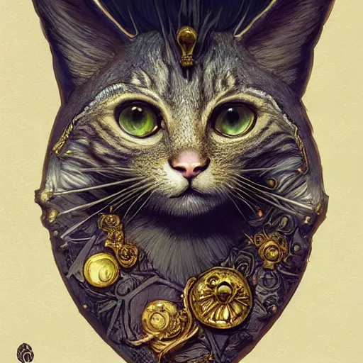 Image similar to A heraldic queen kitty cat with big cute eyes, D&D, fantasy, intricate, cinematic lighting, highly detailed, digital painting, artstation, concept art, smooth, sharp focus, illustration, art by Akihiko Yoshida, Greg Rutkowski and Alphonse Mucha