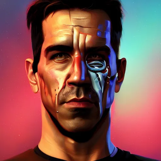 Image similar to Portrait of an Anthony Kiedis Terminator, half of his face looks like the Terminator without skin, mattepainting concept Blizzard pixar maya engine on stylized background splash comics global illumination lighting artstation lois van baarle, ilya kuvshinov, rossdraws