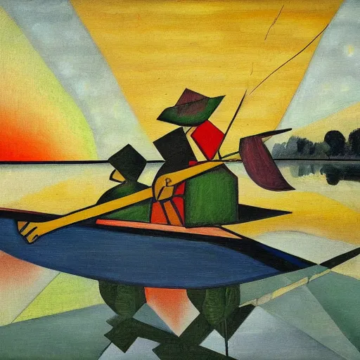 Prompt: Cubist painting of two elves fishing in a boat at sunset on a quiet pond